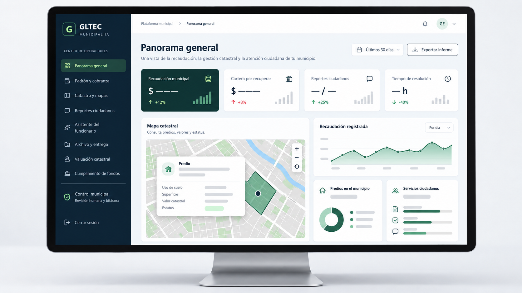 Ilustración del panel GLTEC Municipal IA con cartografía, recaudación y trámites ciudadanos.