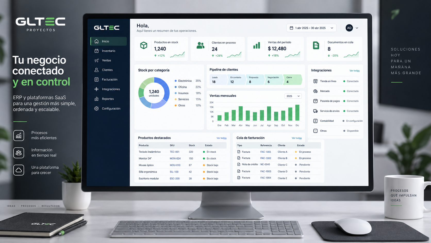 Ilustración de un panel GLTEC ERP y SaaS con inventario, clientes, ventas e indicadores.