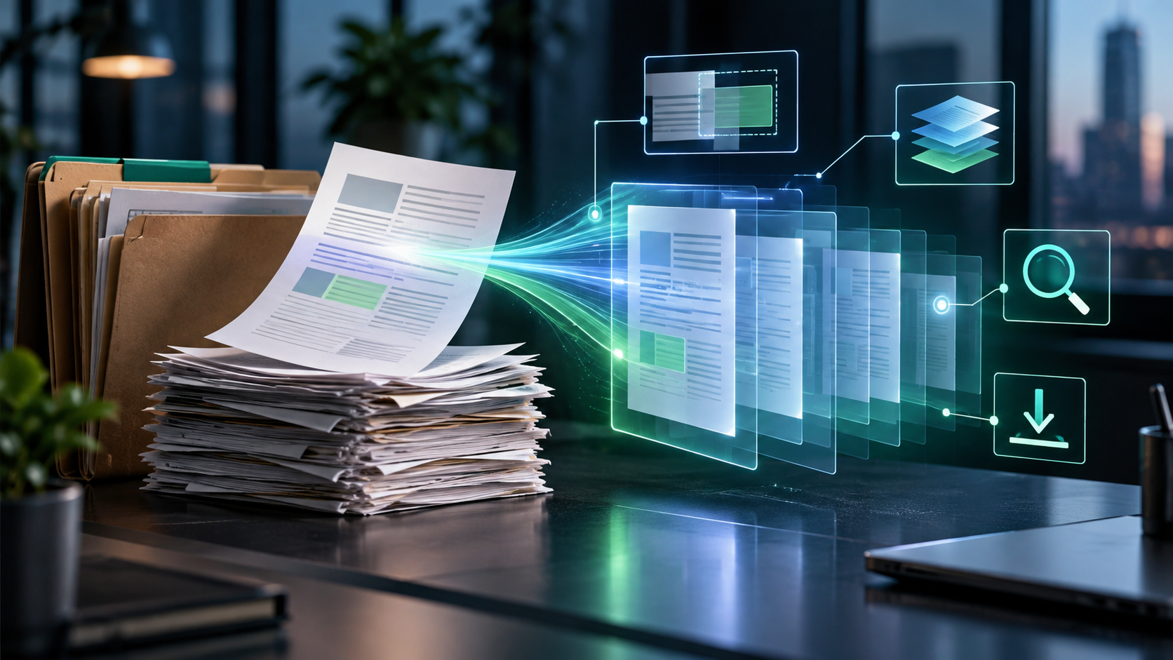 Ilustración de documentos físicos convertidos en archivos digitales clasificables y consultables.