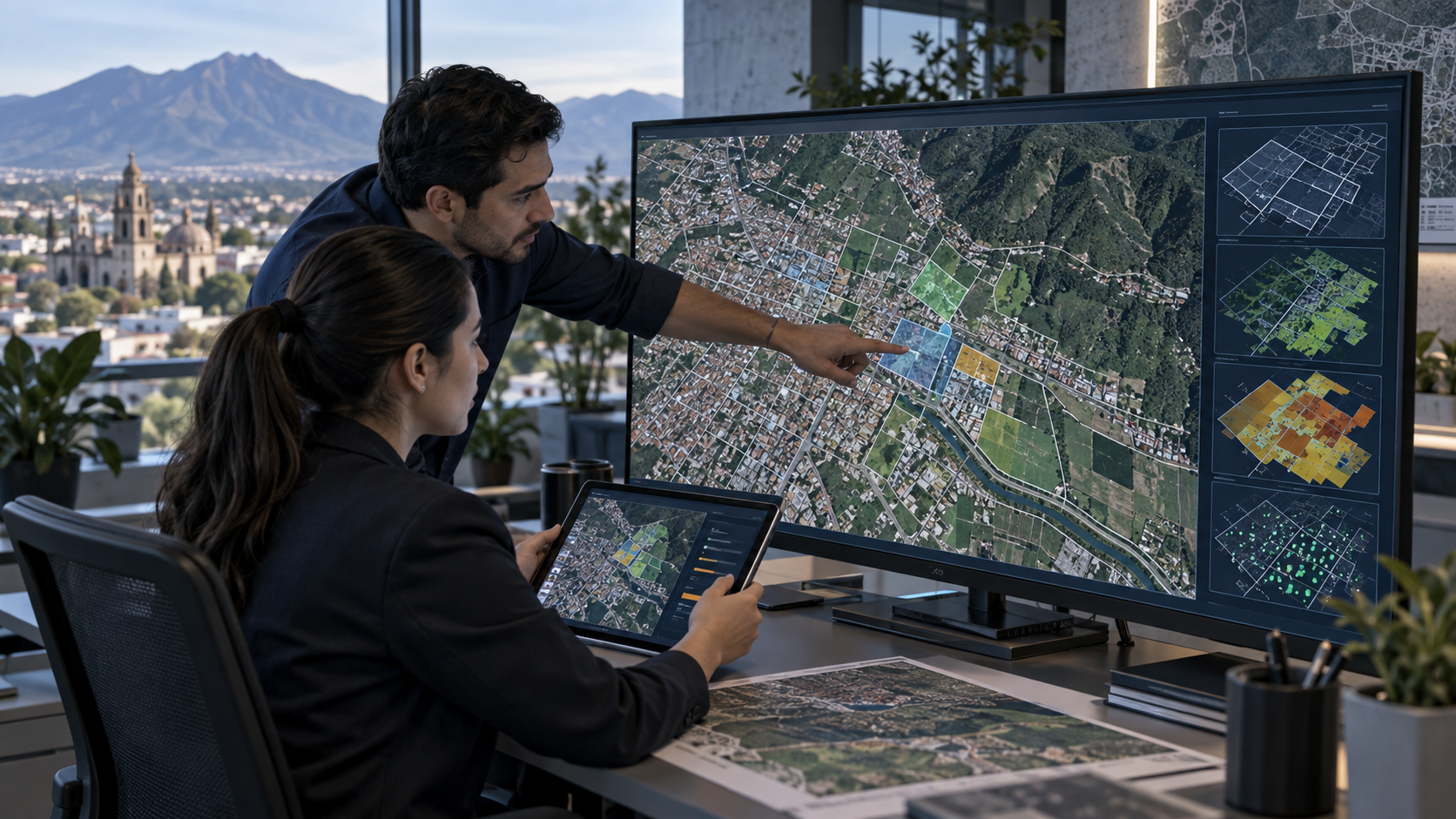 Ilustración de especialistas revisando cartografía y datos de predios en una plataforma catastral.